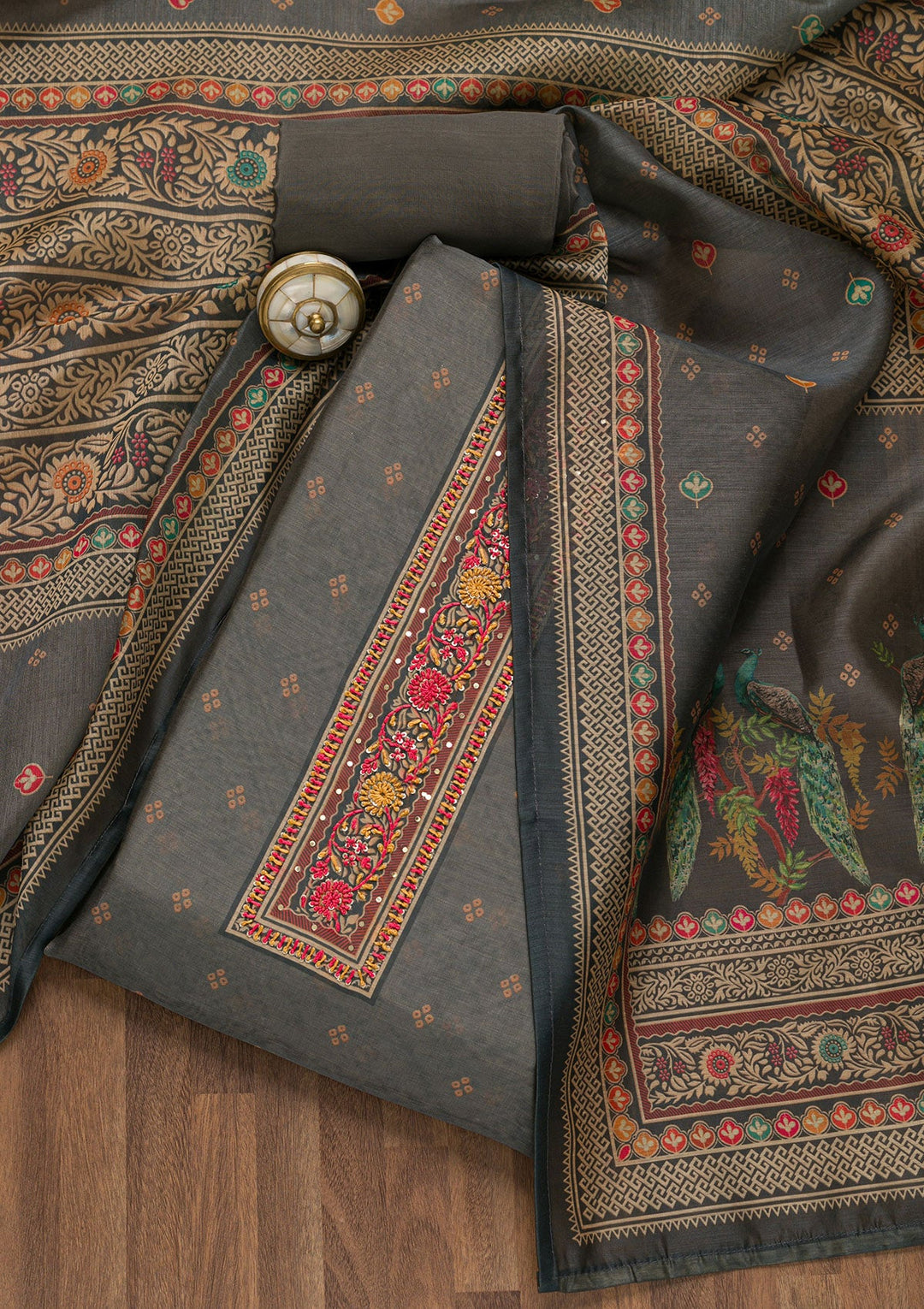 Grey Printed Chanderi Unstitched Salwar Suit-Koskii