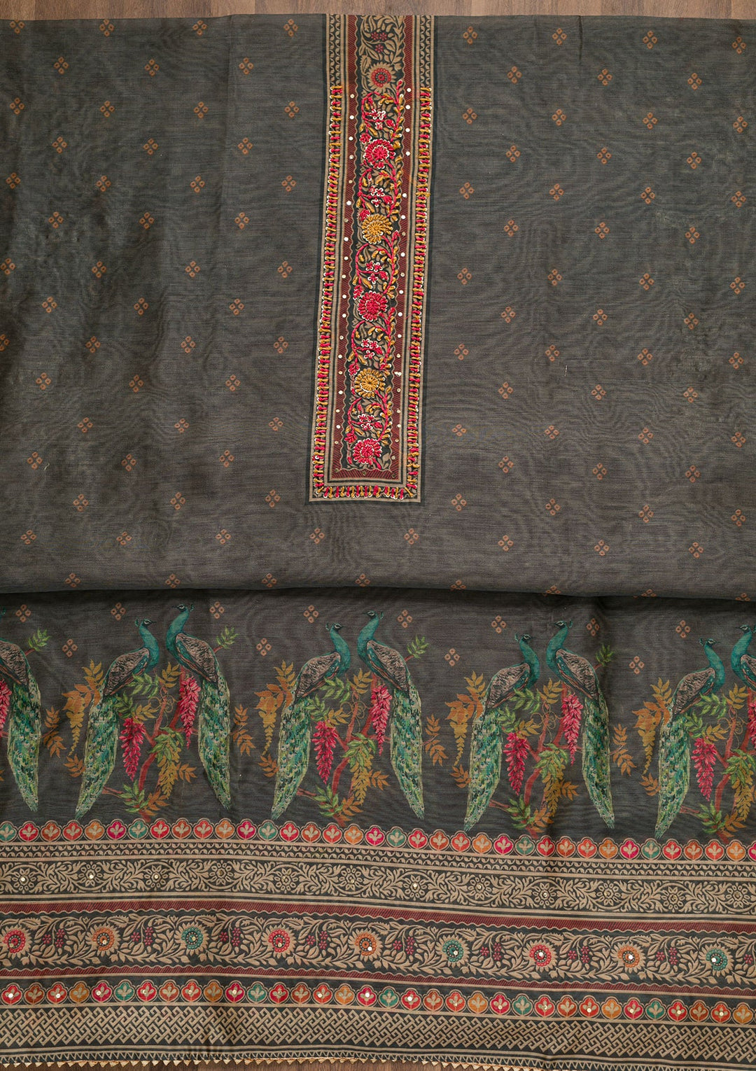 Grey Printed Chanderi Unstitched Salwar Suit-Koskii