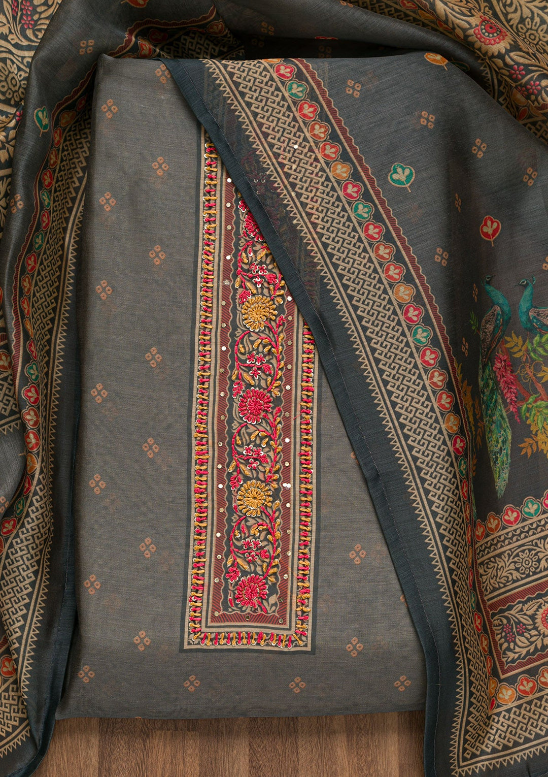 Grey Printed Chanderi Unstitched Salwar Suit-Koskii