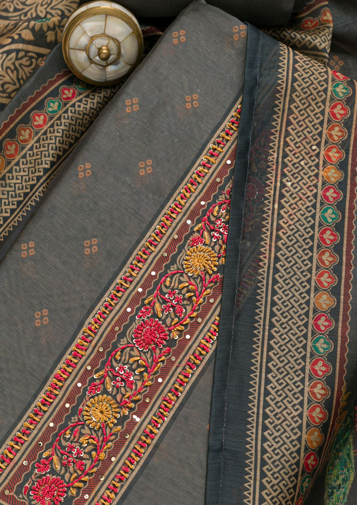 Grey Printed Chanderi Unstitched Salwar Suit-Koskii