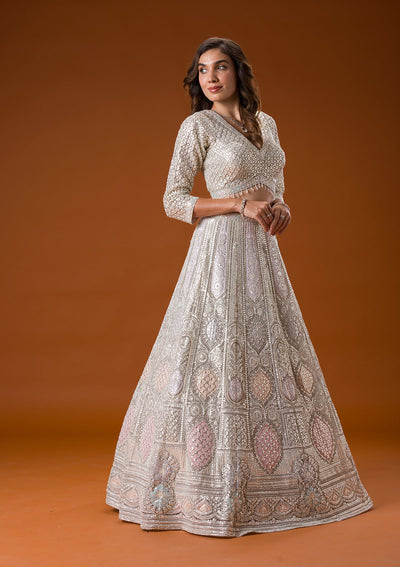 Grey Printed Net Readymade Lehenga-Koskii