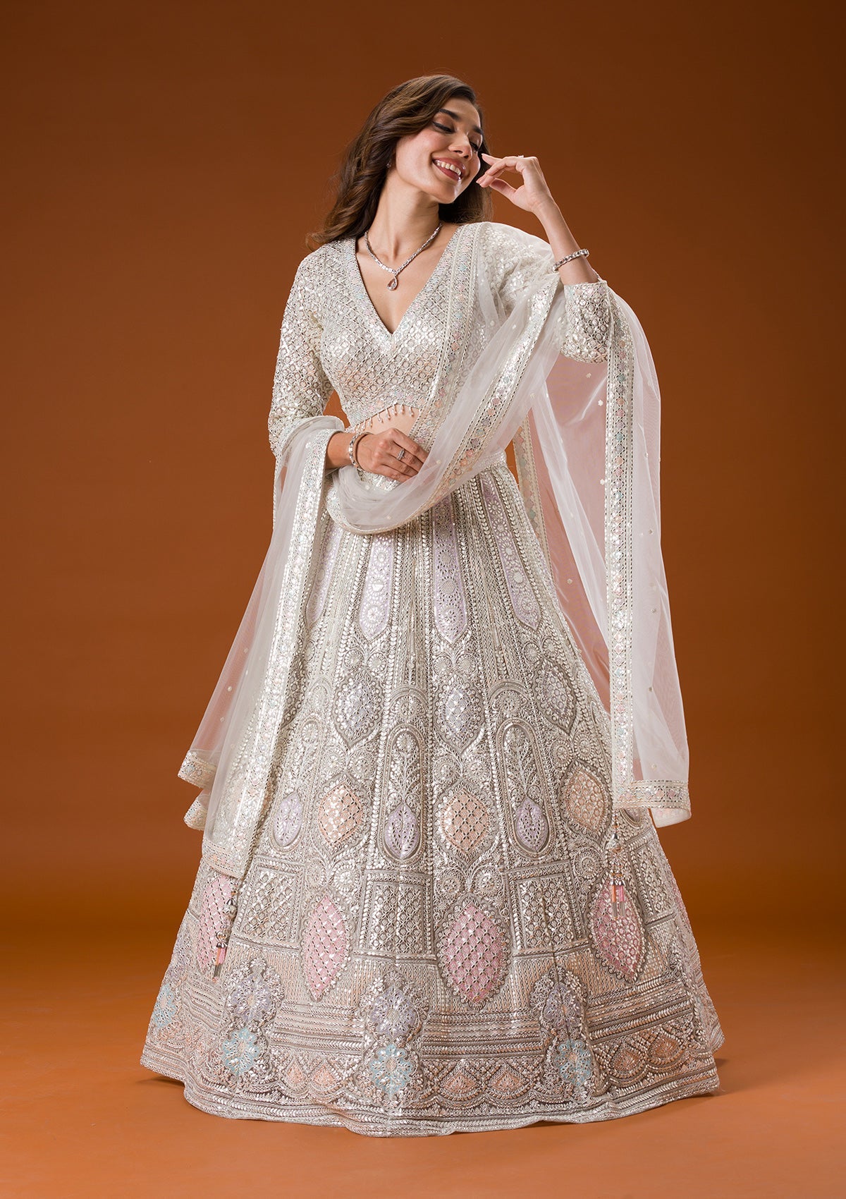 Grey Printed Net Readymade Lehenga-Koskii