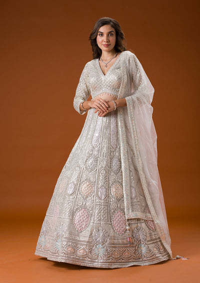 Grey Printed Net Readymade Lehenga-Koskii