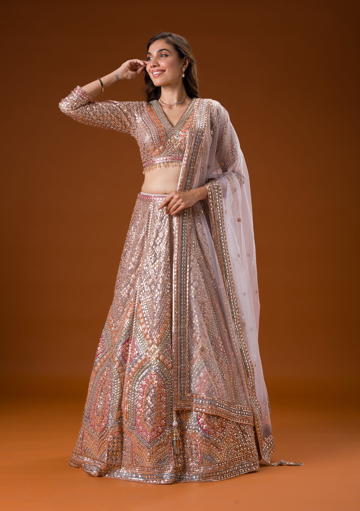 Grey Printed Net Readymade Lehenga-Koskii