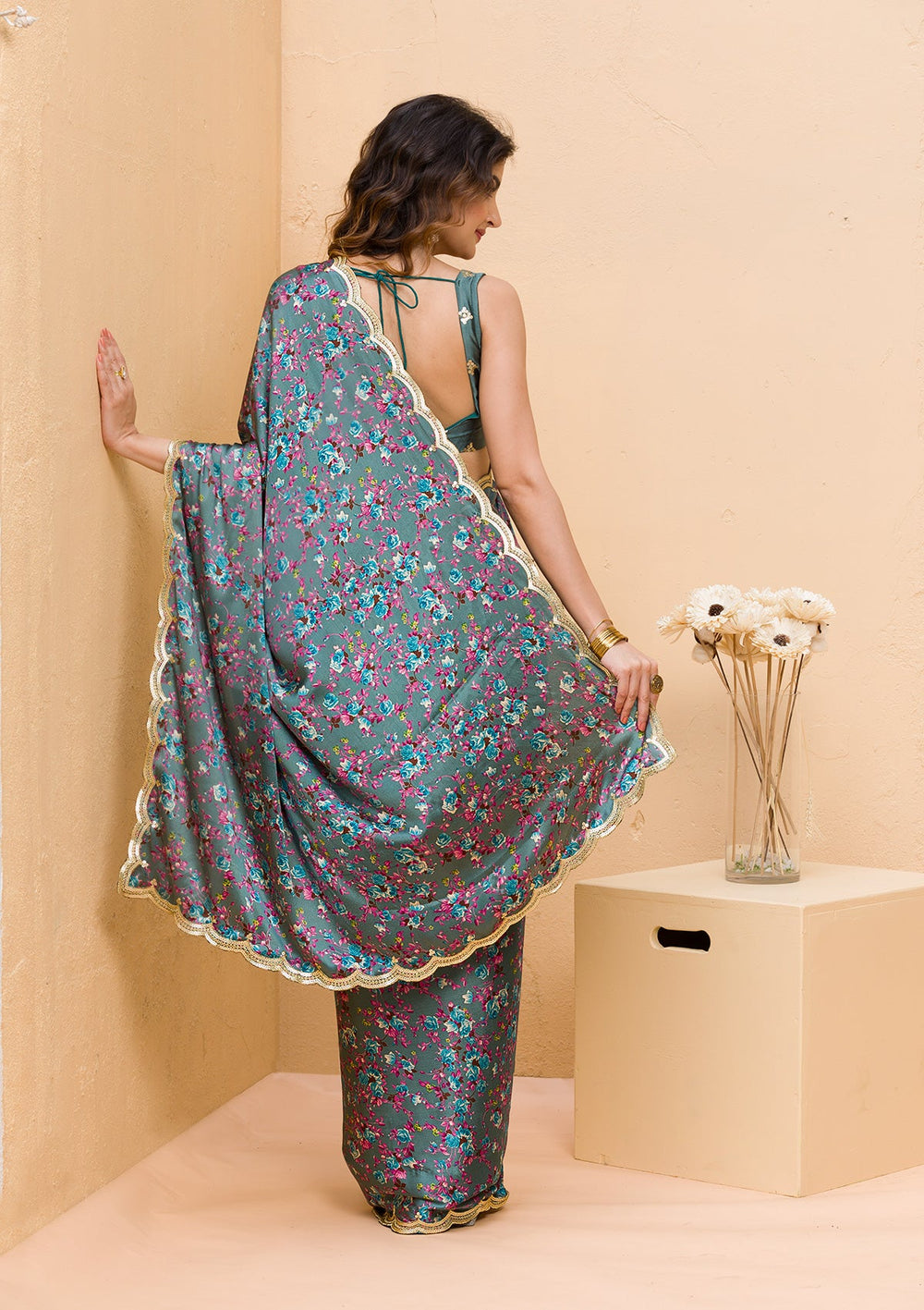 Gold Stonework Satin Designer Saree-Koskii