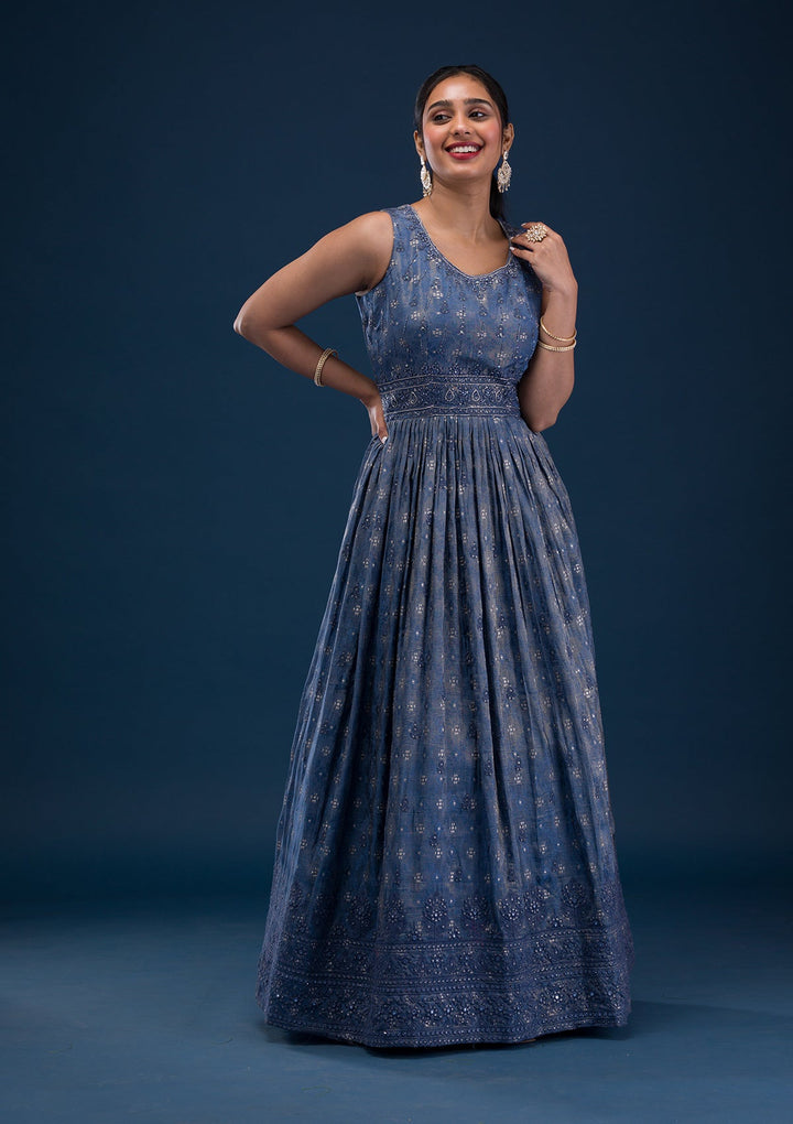 Grey Printed Semi Crepe Readymade Salwar Suit-Koskii