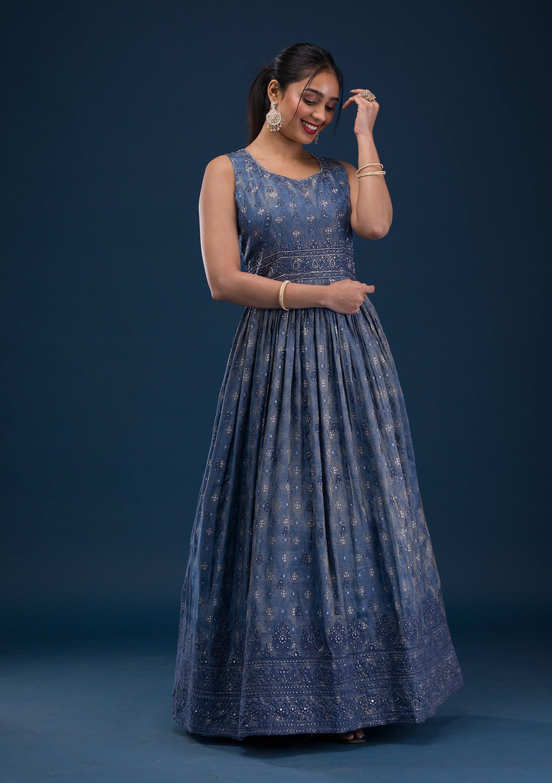 Grey Printed Semi Crepe Readymade Salwar Suit-Koskii