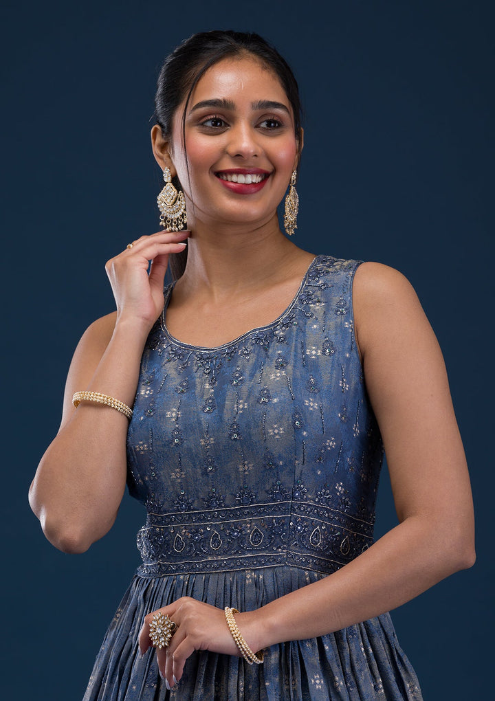 Grey Printed Semi Crepe Readymade Salwar Suit-Koskii