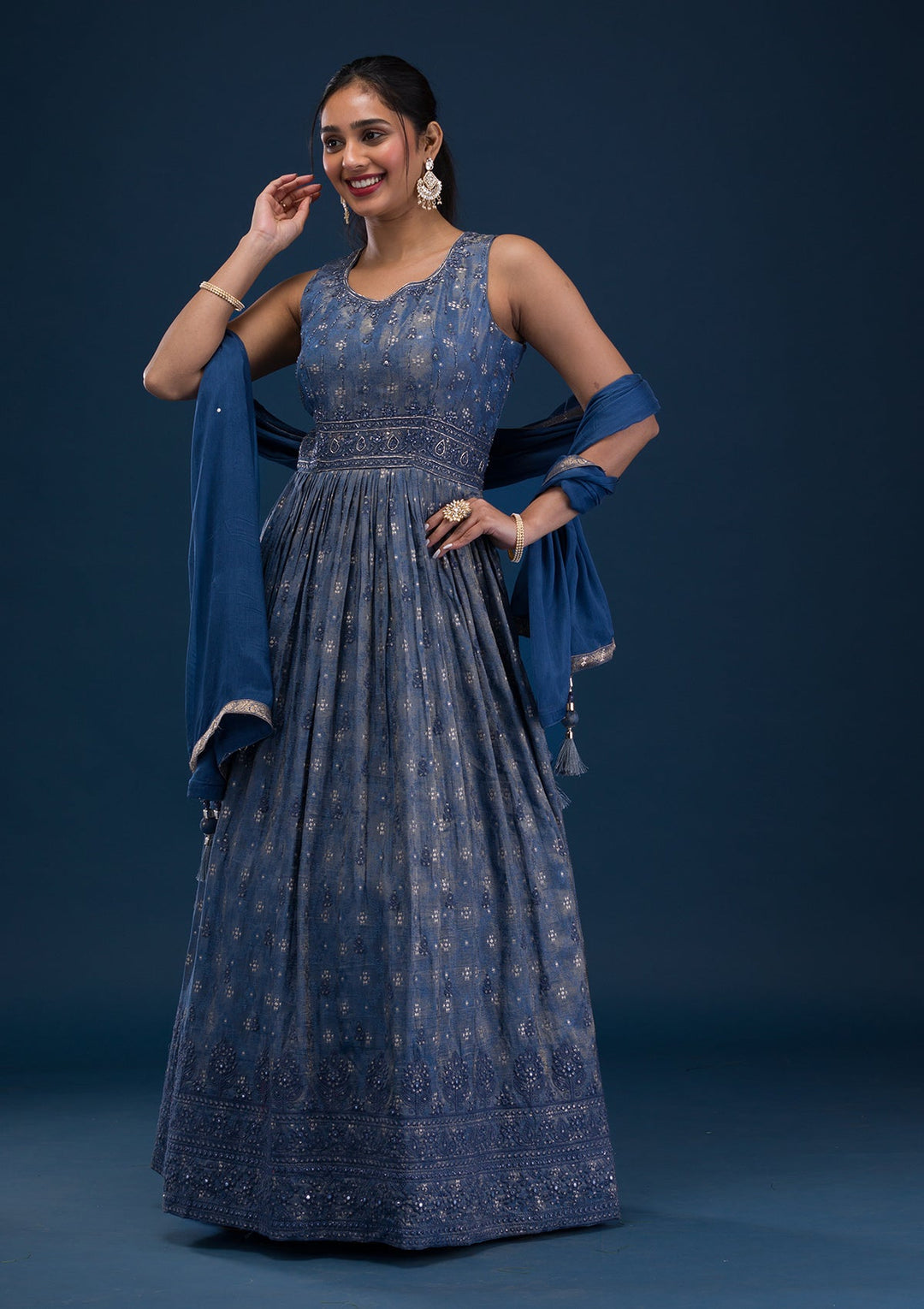 Grey Printed Semi Crepe Readymade Salwar Suit-Koskii