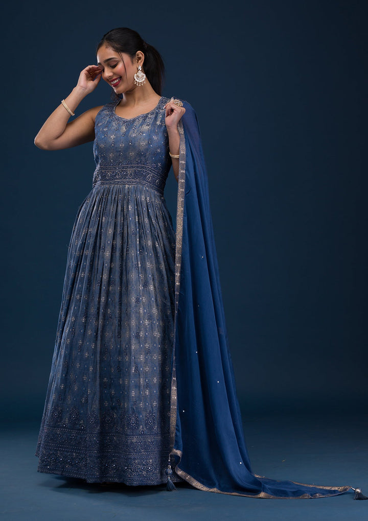 Grey Printed Semi Crepe Readymade Salwar Suit-Koskii