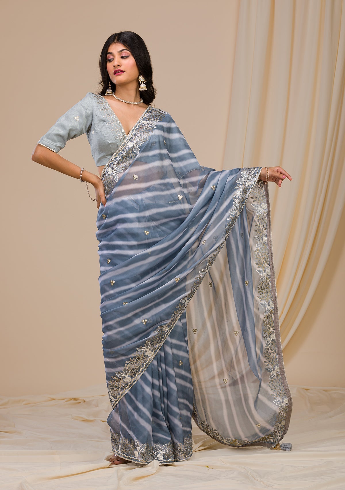 Grey Printed Semi Crepe Saree-Koskii