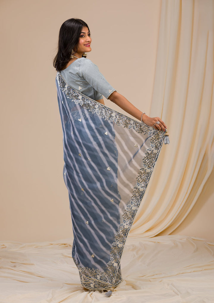 Grey Printed Semi Crepe Saree-Koskii