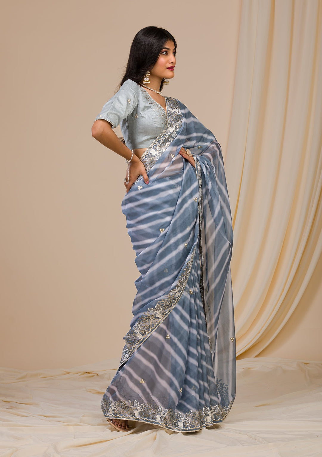 Grey Printed Semi Crepe Saree-Koskii