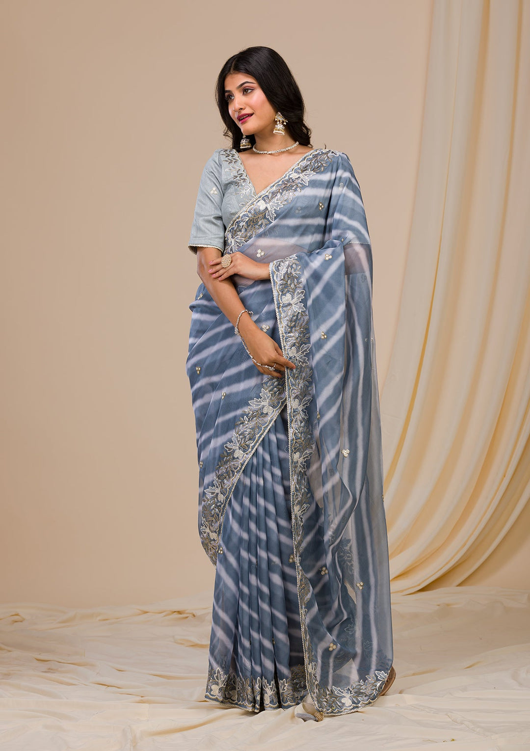 Grey Printed Semi Crepe Saree-Koskii