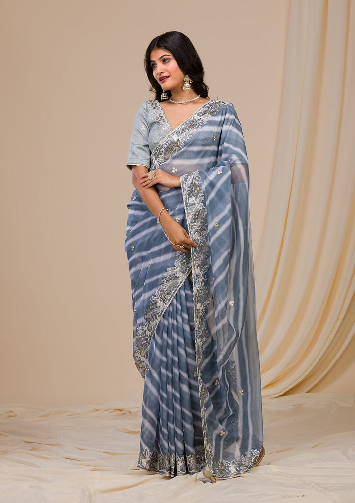 Grey Printed Semi Crepe Saree-Koskii