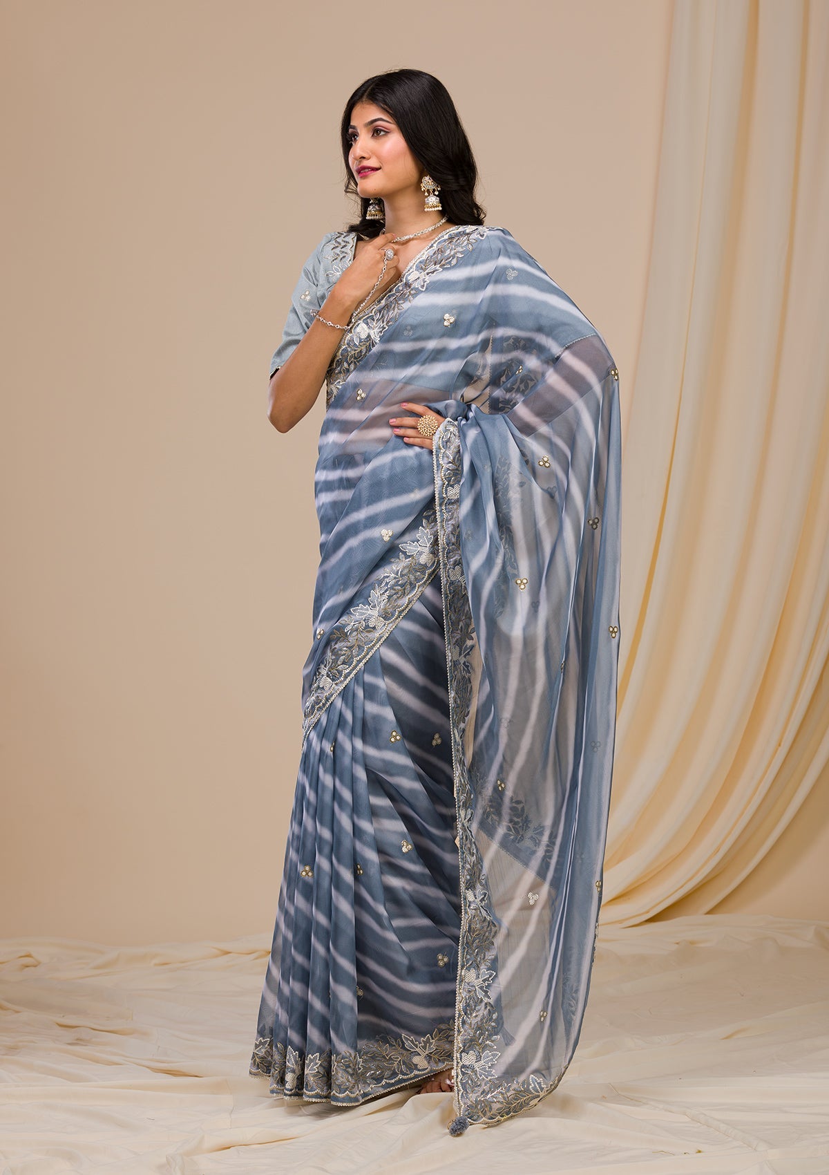 Grey Printed Semi Crepe Saree-Koskii