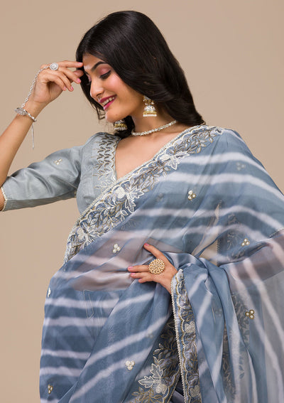 Grey Printed Semi Crepe Saree-Koskii