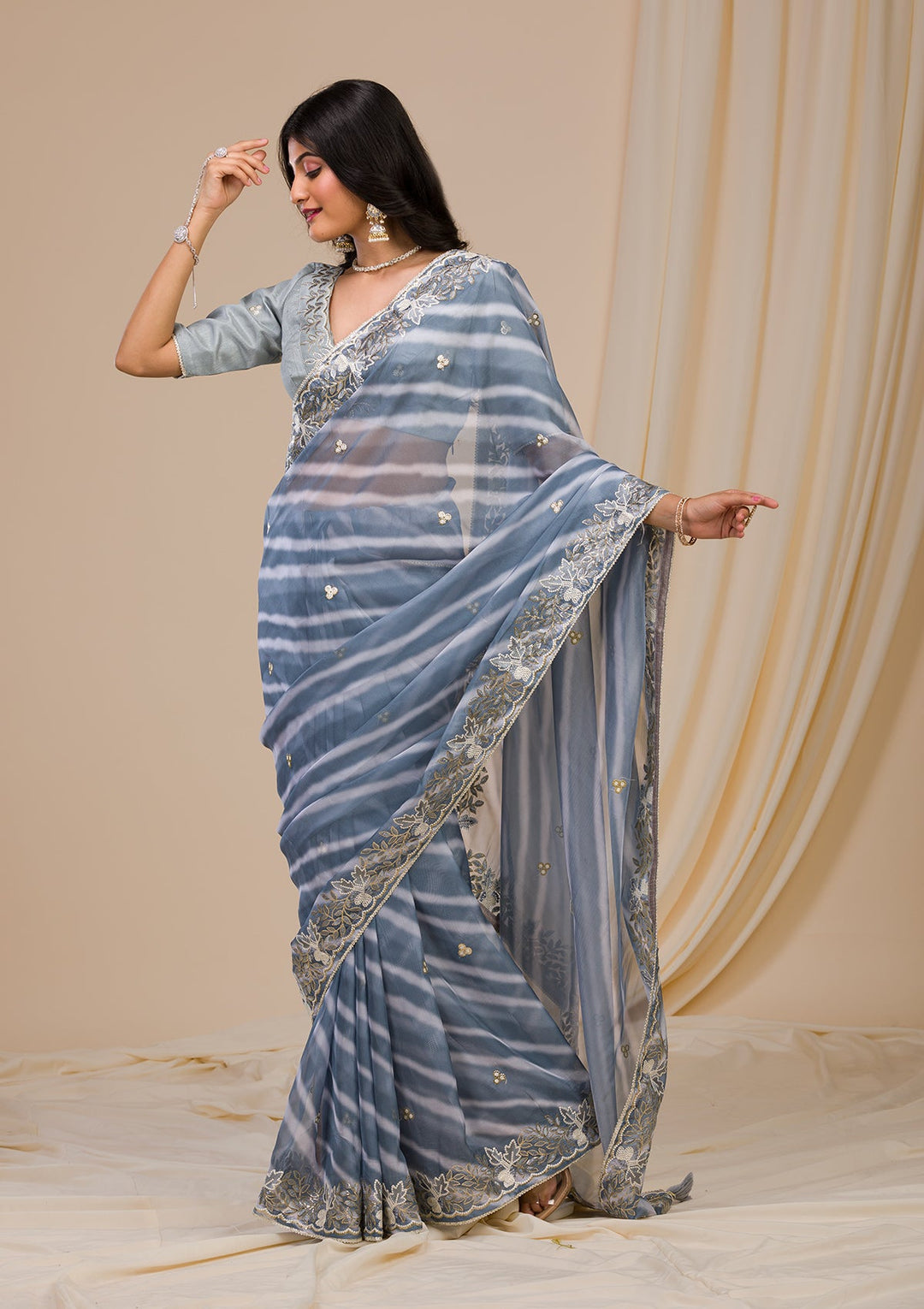 Grey Printed Semi Crepe Saree-Koskii