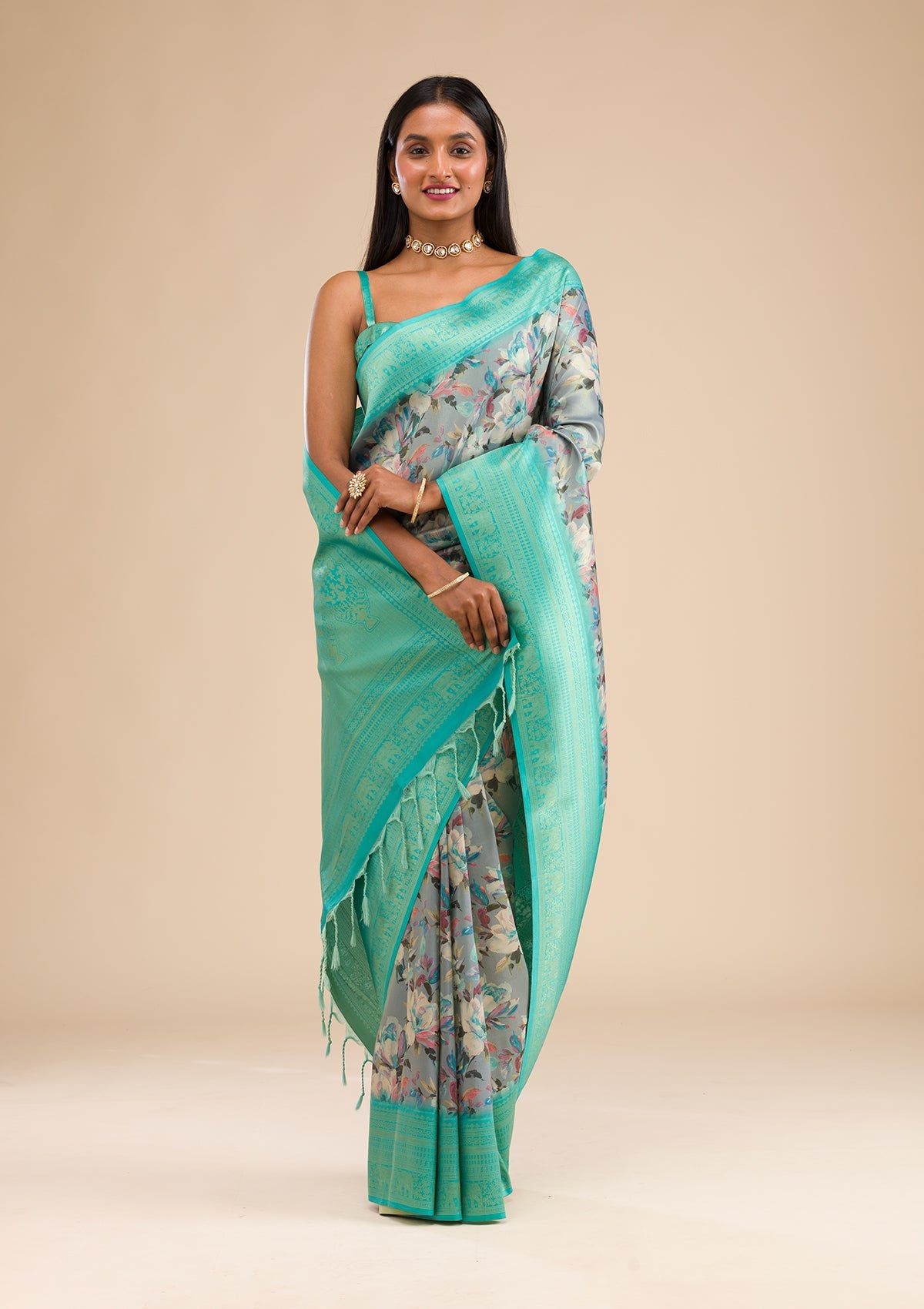 Grey Printed Soft Silk Saree-Koskii