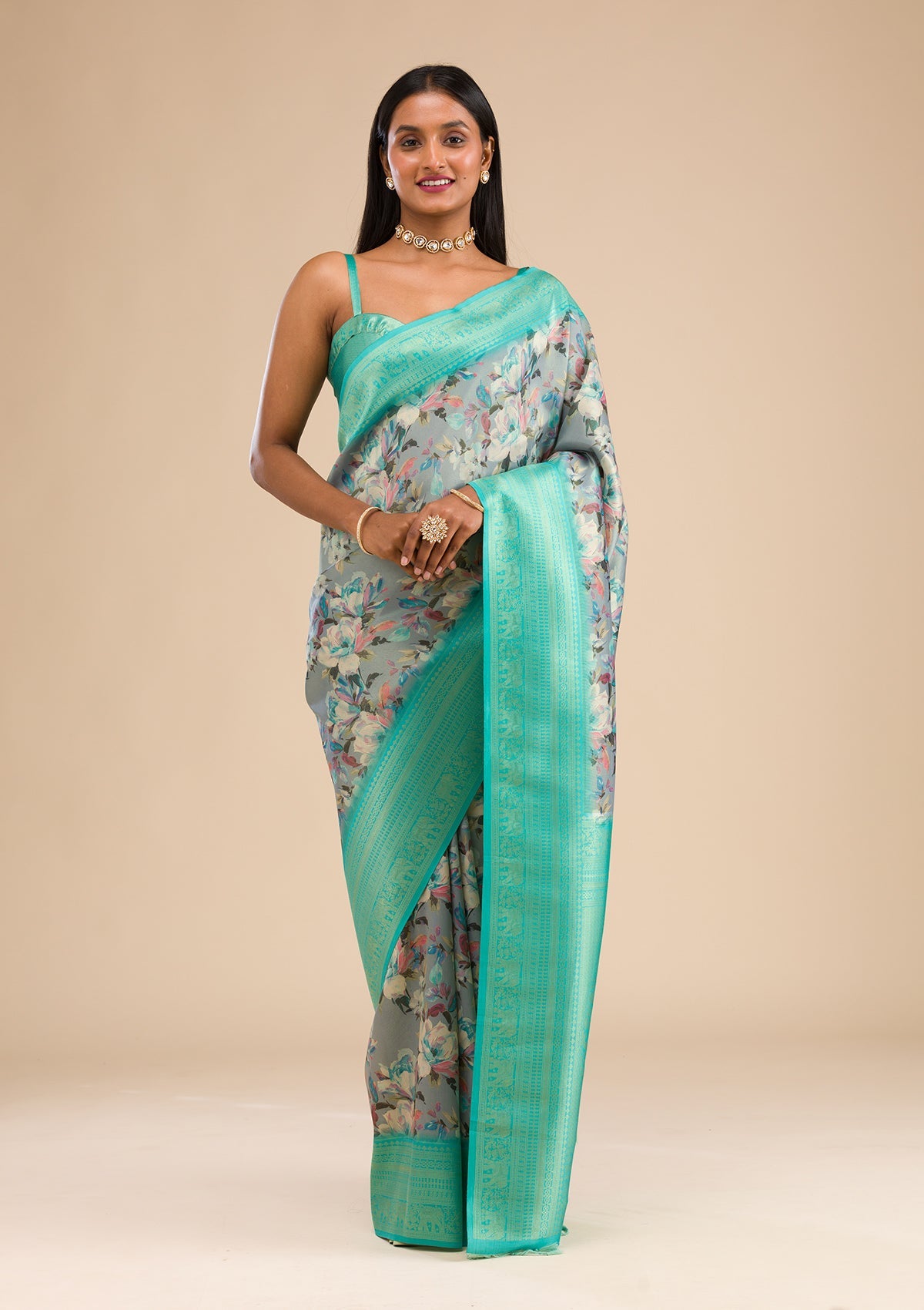 Grey Printed Soft Silk Saree-Koskii