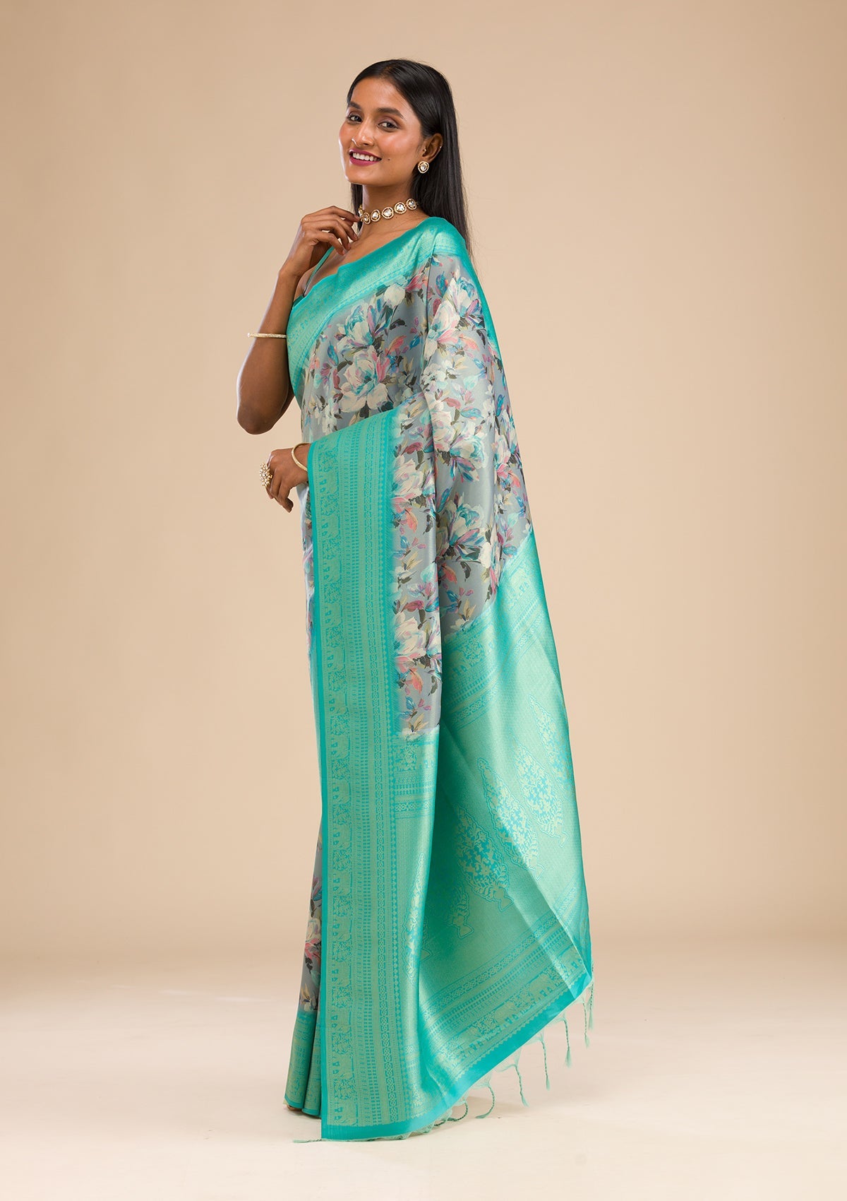 Grey Printed Soft Silk Saree-Koskii