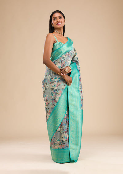 Grey Printed Soft Silk Saree-Koskii