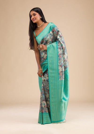 Grey Printed Soft Silk Saree-Koskii