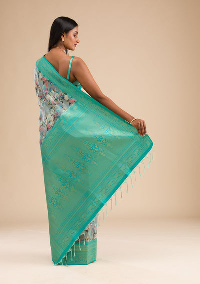 Grey Printed Soft Silk Saree-Koskii