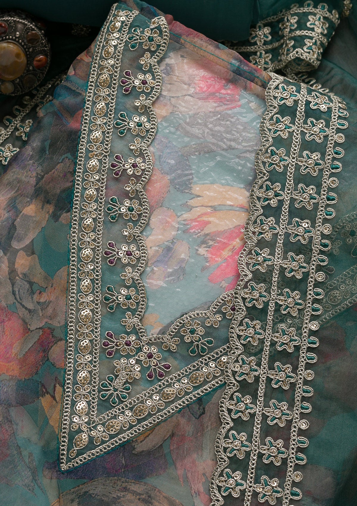 Grey Printed Tissue Unstitched Salwar Suit-Koskii