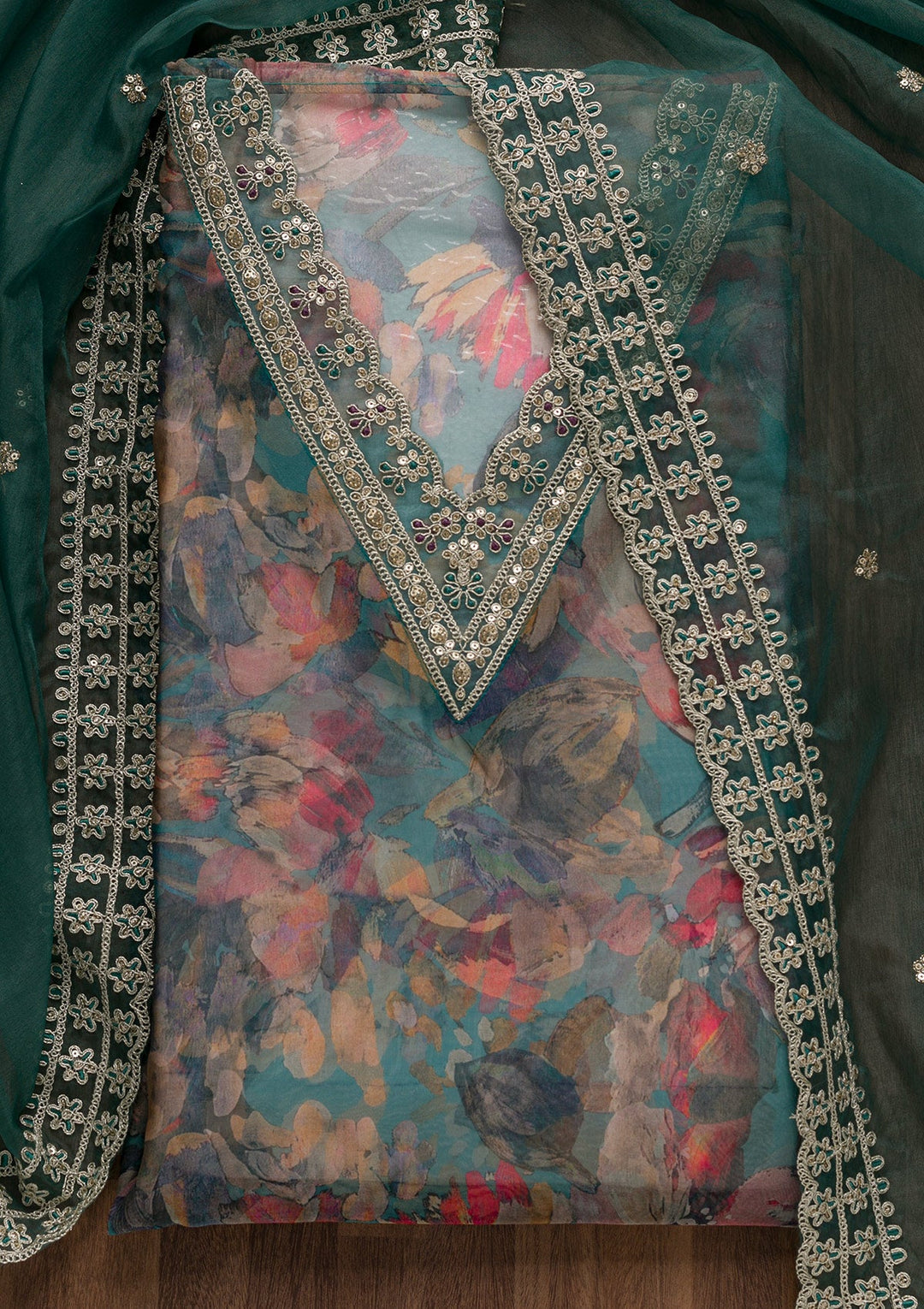 Grey Printed Tissue Unstitched Salwar Suit-Koskii