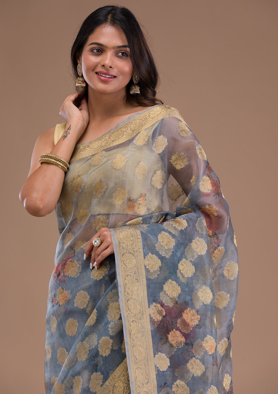 Peacock Blue Sequins Georgette Designer Saree-Koskii