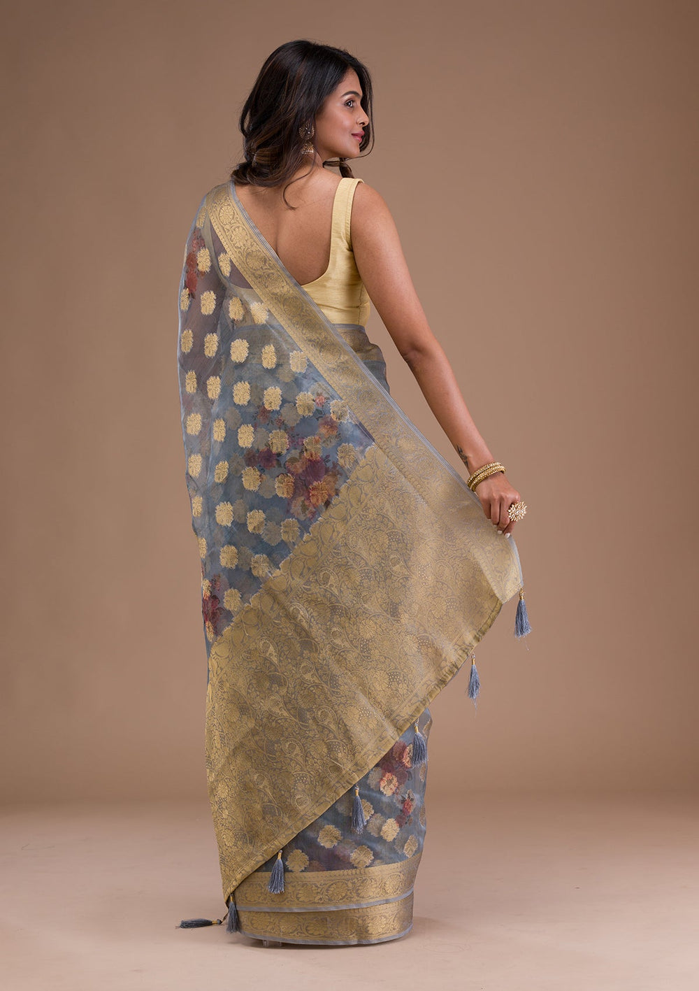 Light Grey Sequins Georgette Designer Saree-Koskii