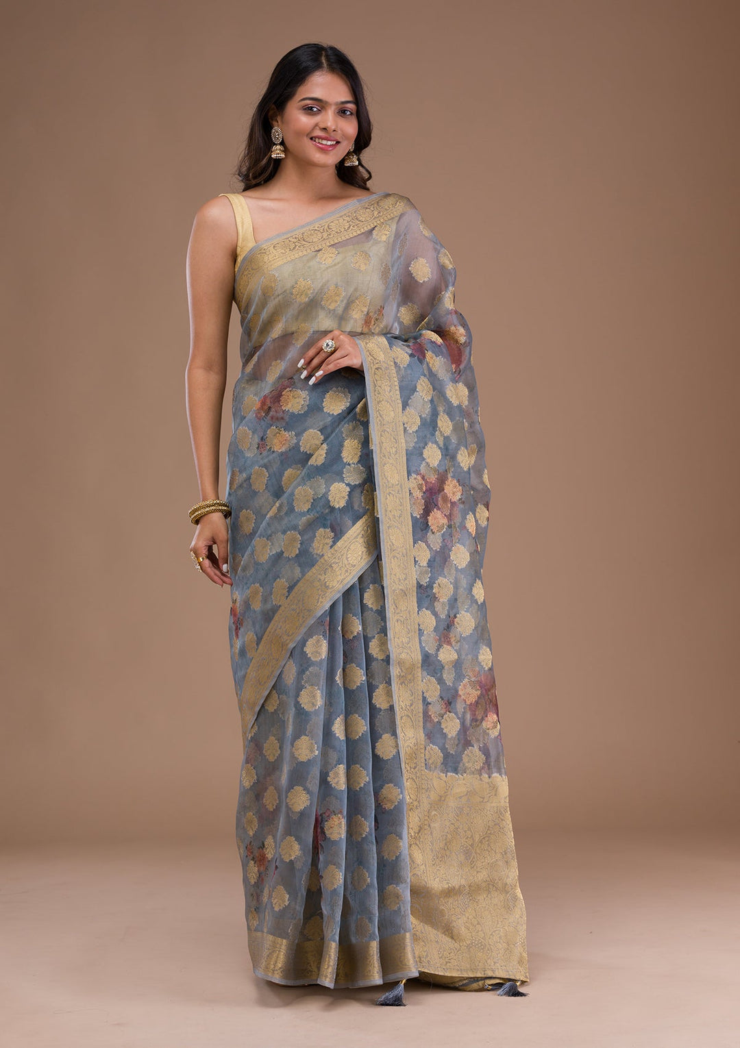 Light Grey Sequins Georgette Designer Saree-Koskii