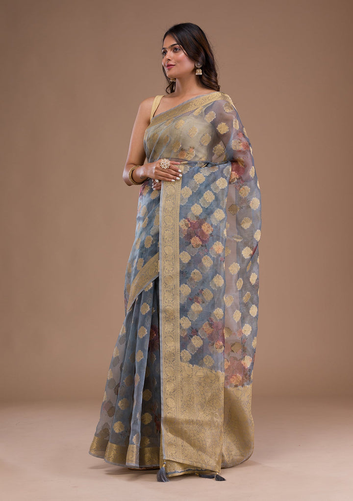 Light Grey Sequins Georgette Designer Saree-Koskii