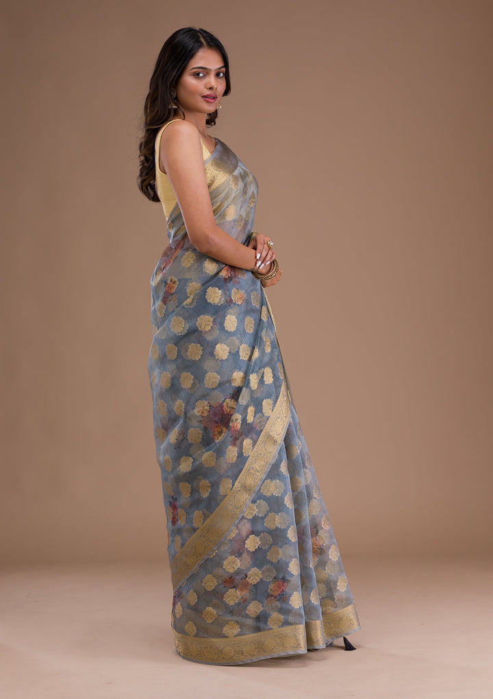 Light Grey Sequins Georgette Designer Saree-Koskii