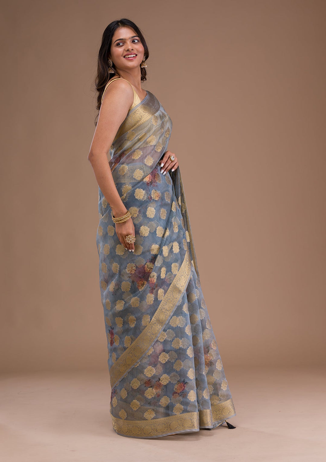 Light Grey Sequins Georgette Designer Saree-Koskii