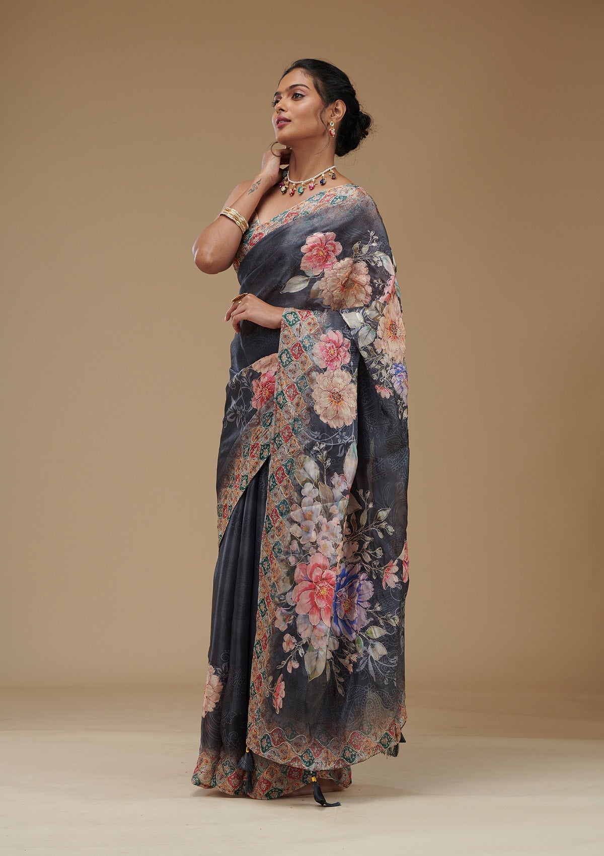 Grey Printed Tissue Saree-Koskii