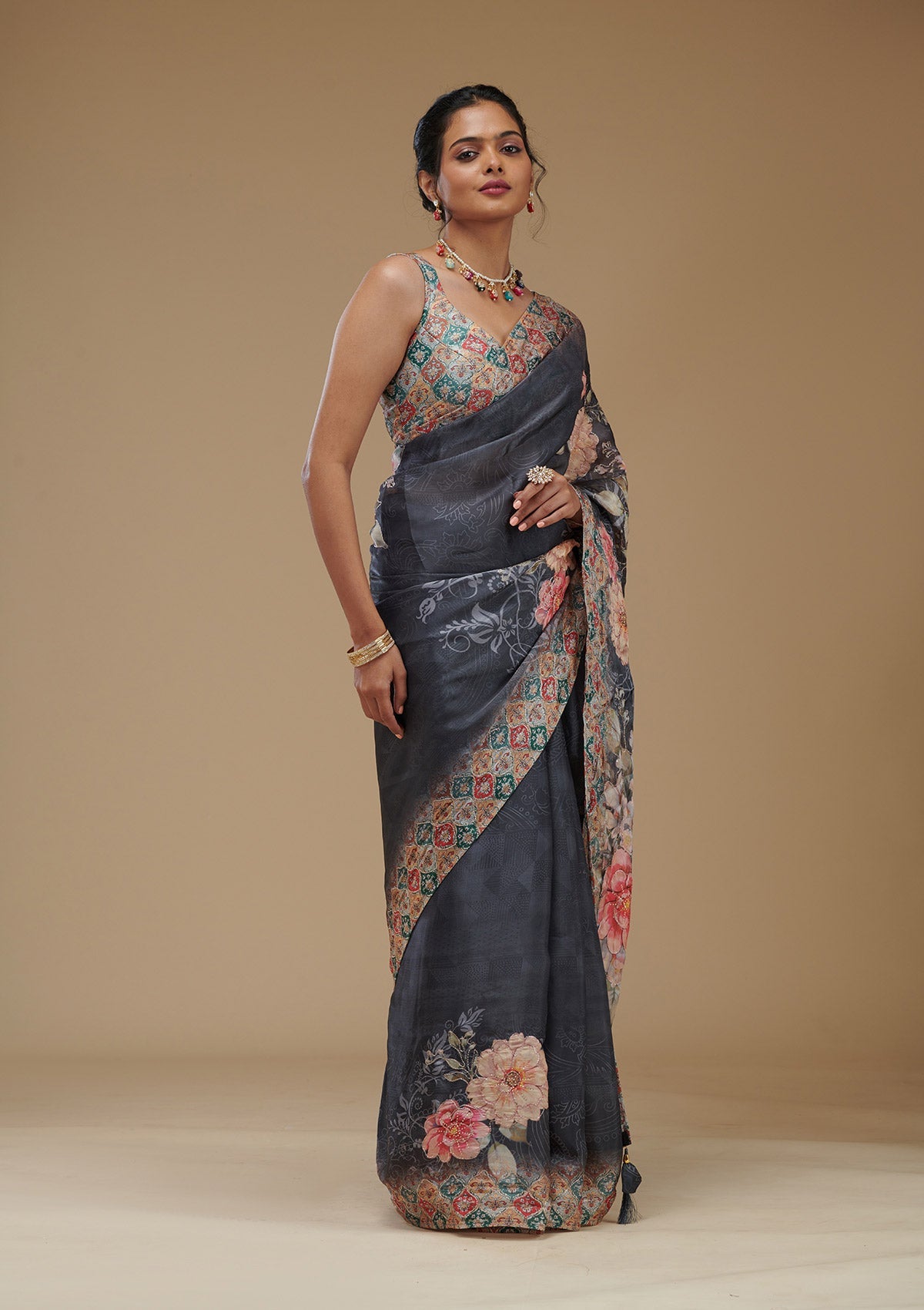 Grey Printed Tissue Saree-Koskii