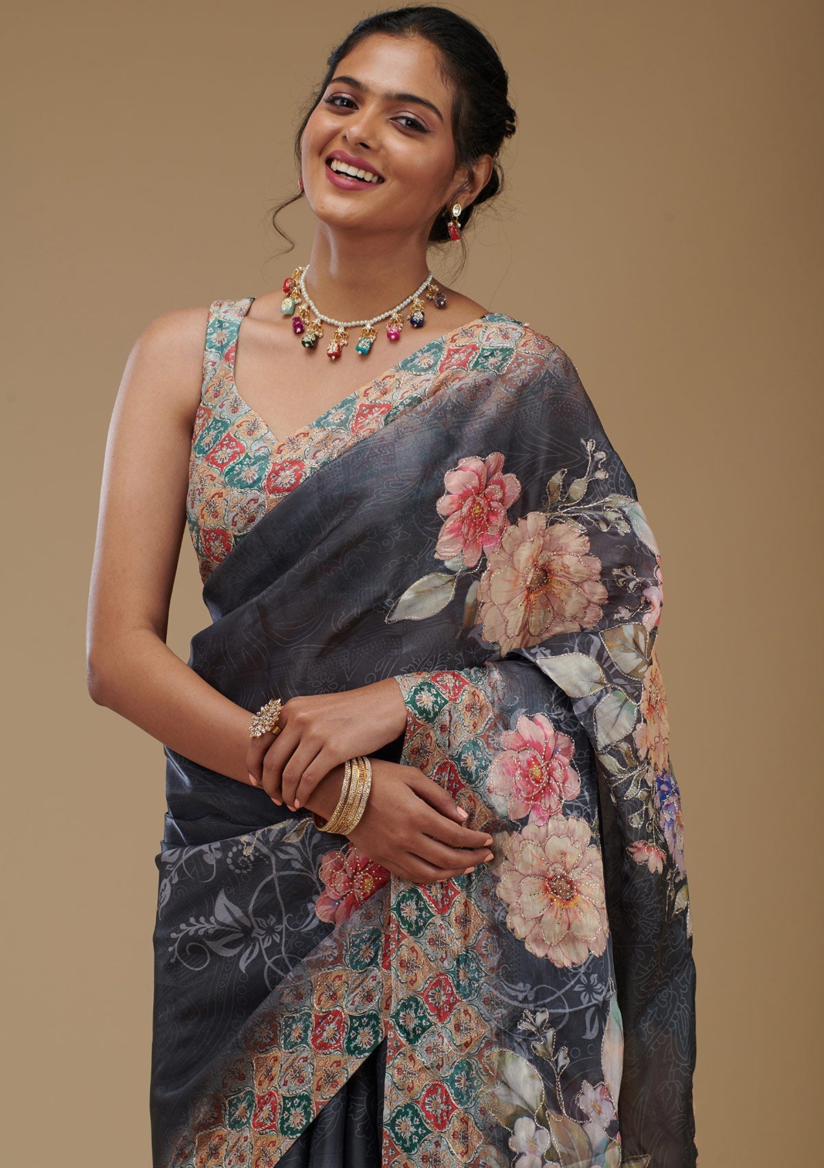 Grey Printed Tissue Saree-Koskii