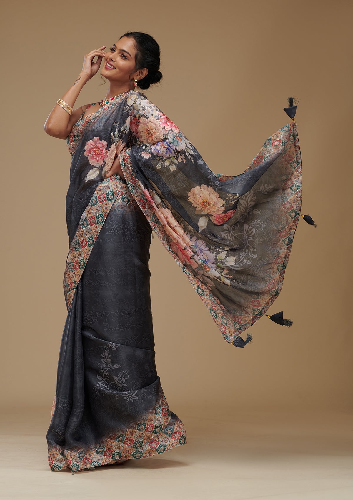 Grey Printed Tissue Saree-Koskii