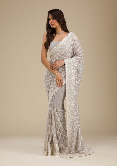 Grey Sequins Georgette Saree-Koskii