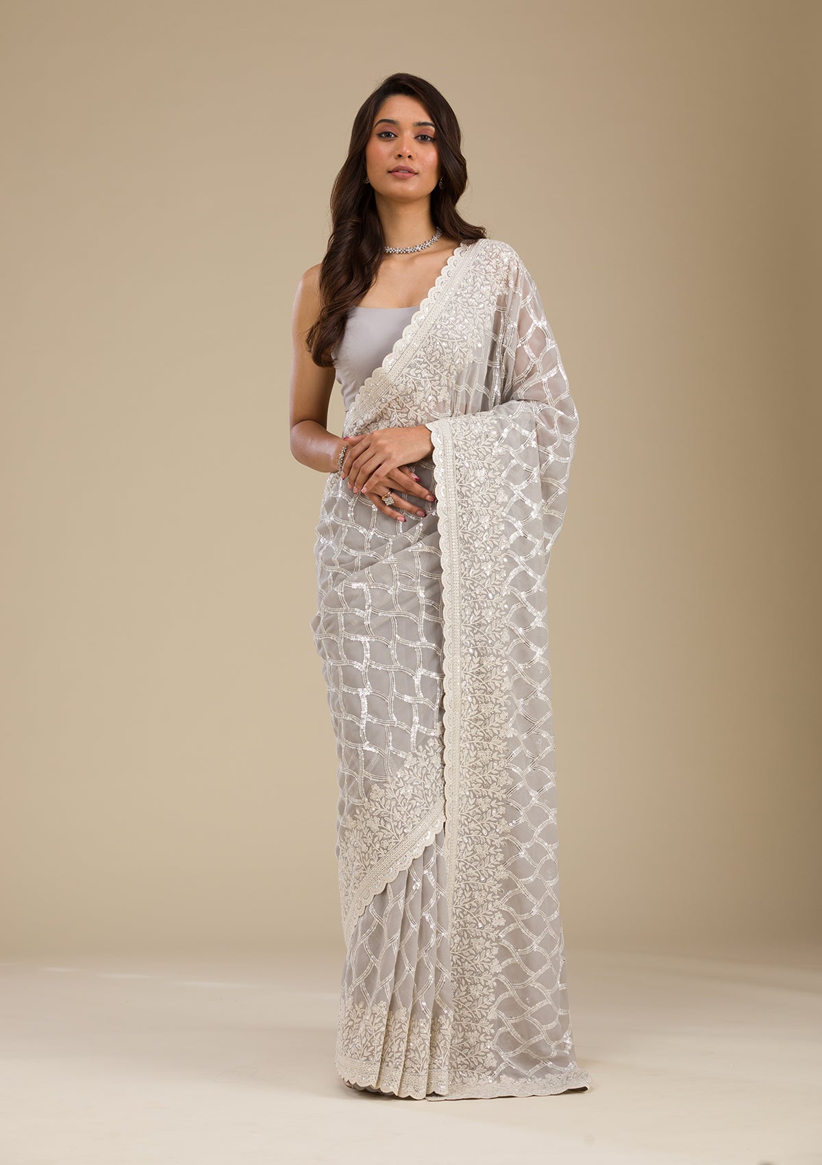 Grey Sequins Georgette Saree-Koskii