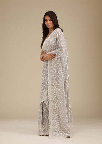 Grey Sequins Georgette Saree-Koskii