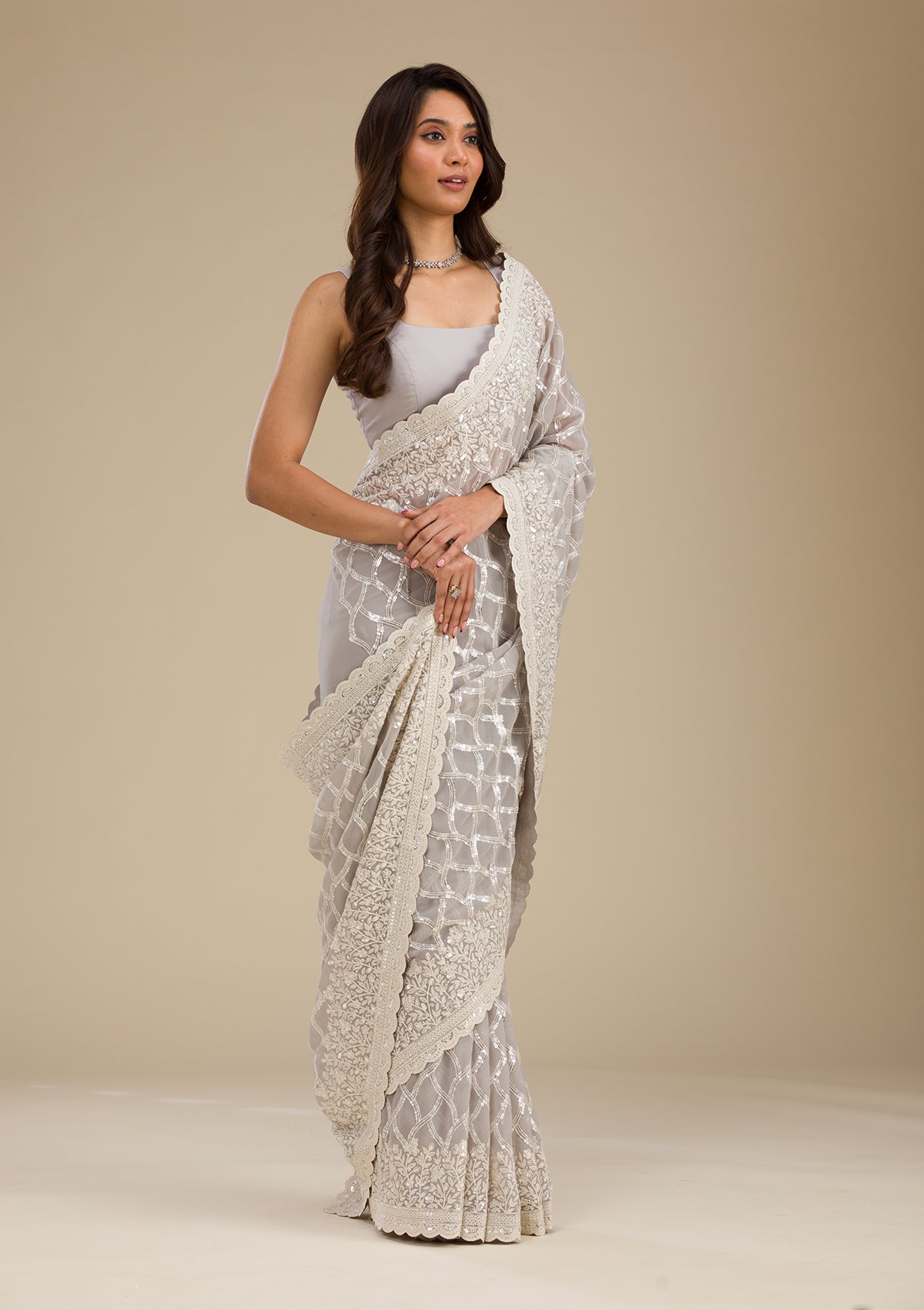 Grey Sequins Georgette Saree-Koskii