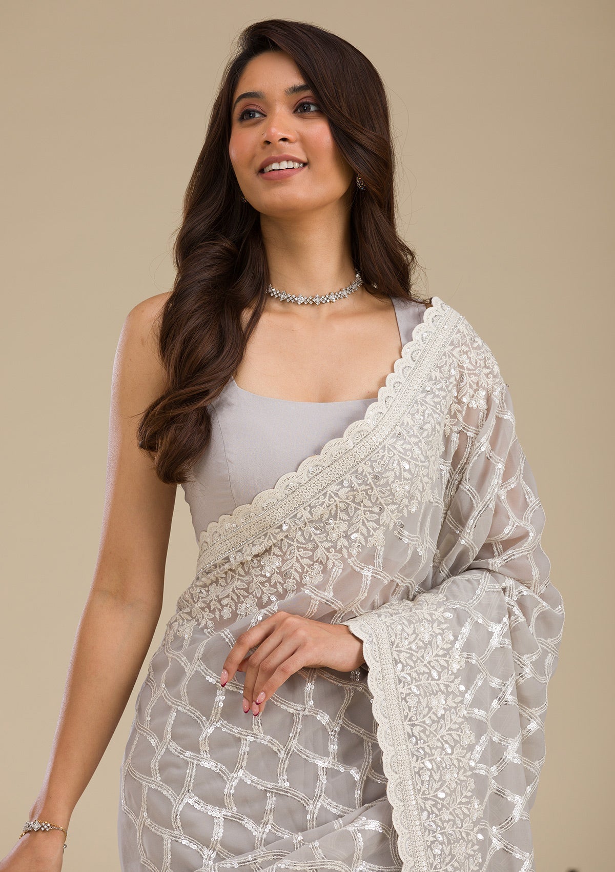 Grey Sequins Georgette Saree-Koskii