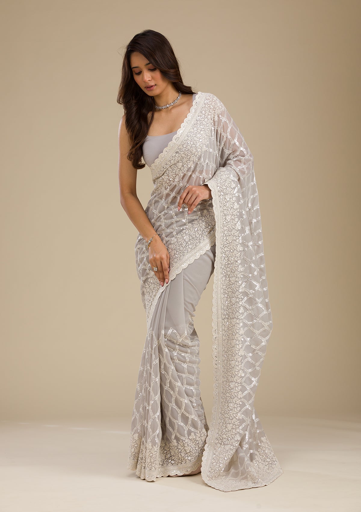 Grey Sequins Georgette Saree-Koskii