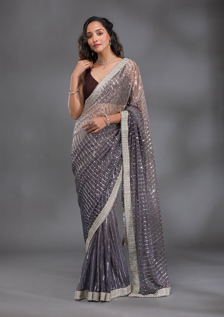 Grey Sequins Lycra Saree-Koskii