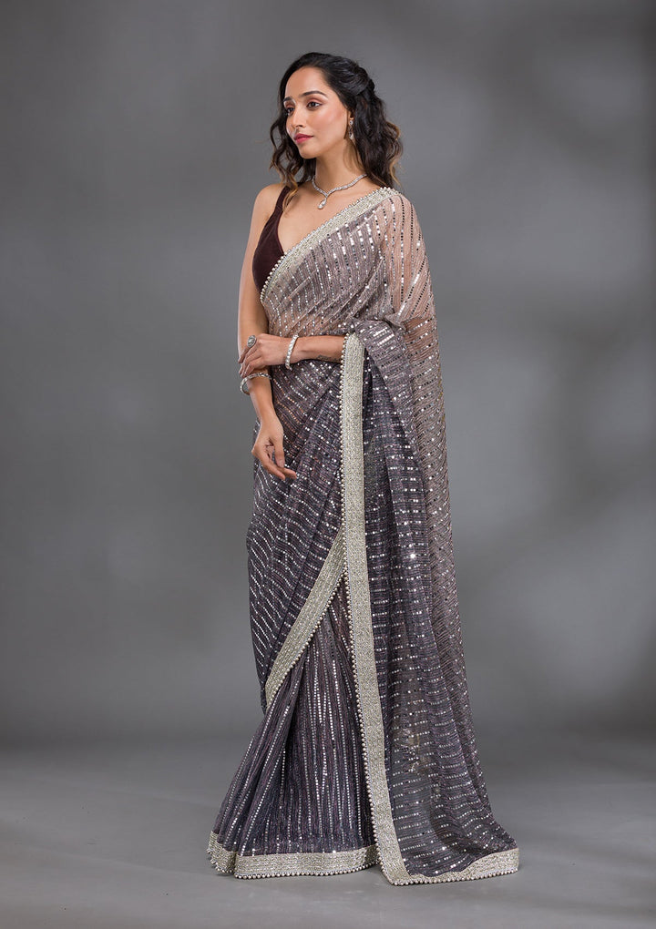 Grey Sequins Lycra Saree-Koskii