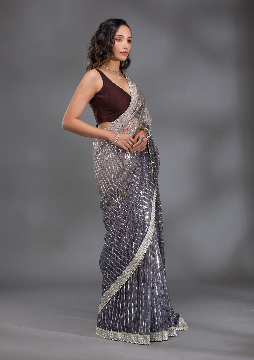 Grey Sequins Lycra Saree-Koskii