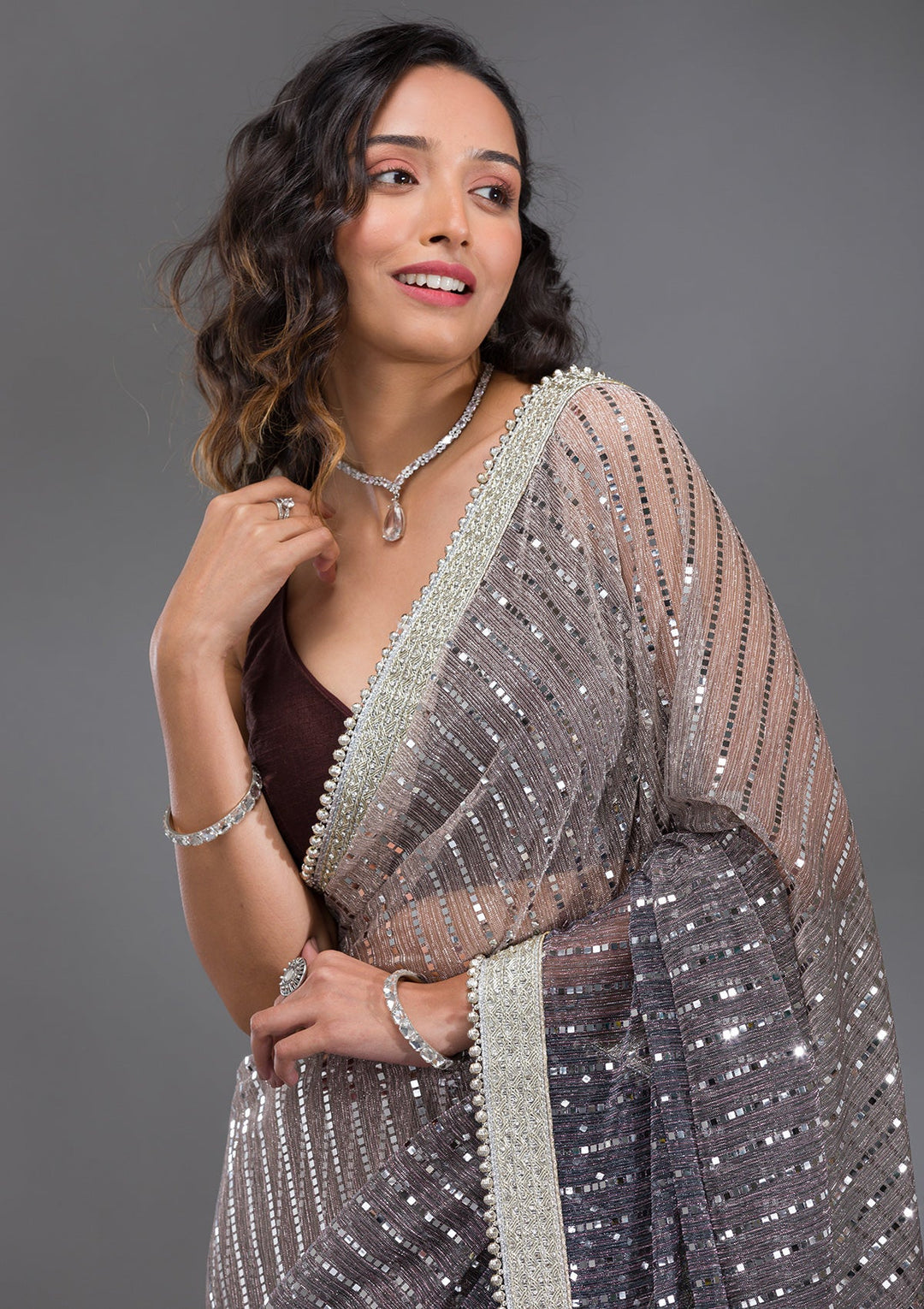 Grey Sequins Lycra Saree-Koskii